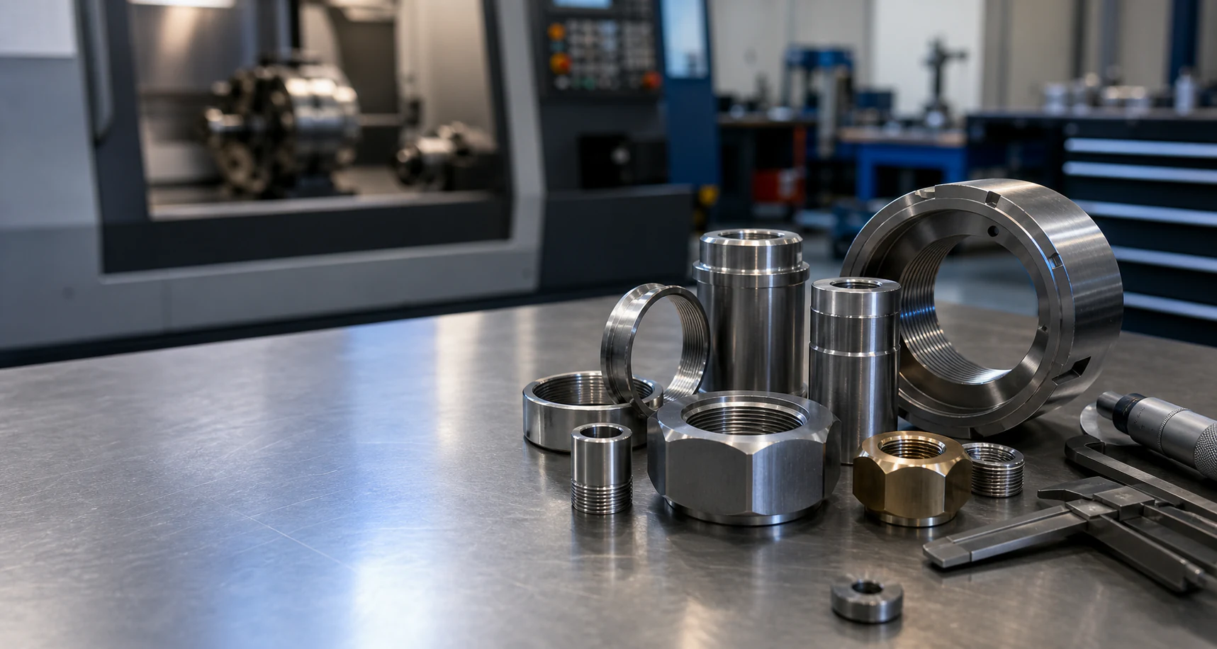 Precision threaded machined components arranged on an inspection bench near CNC equipment