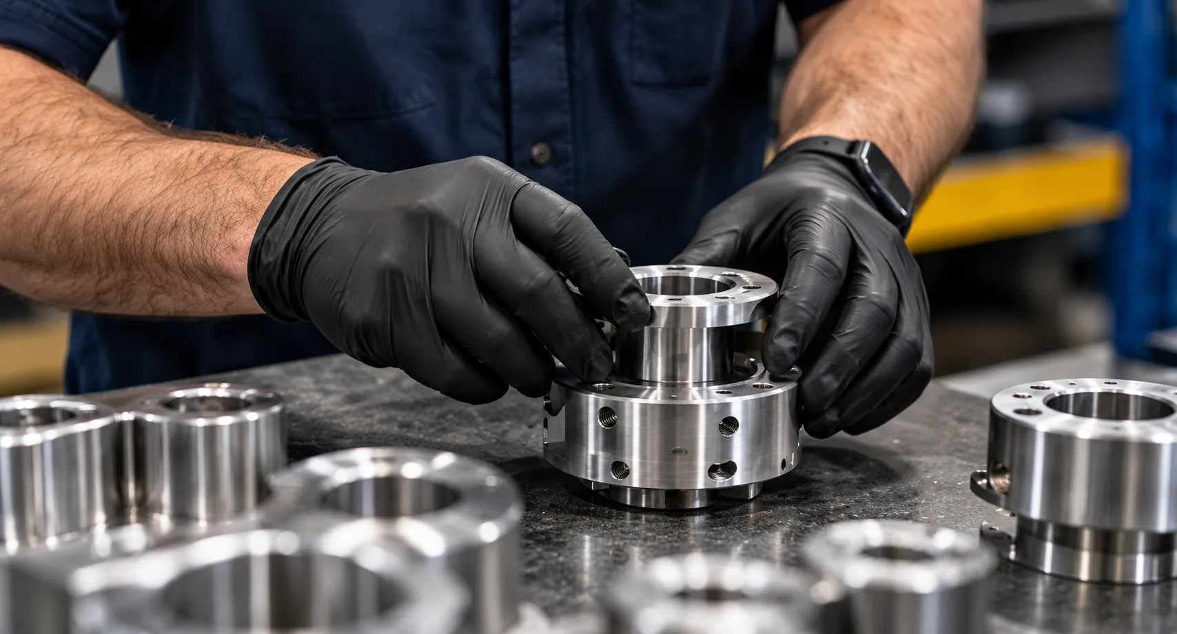 Gloved hands handling a finished machined part on a shop bench