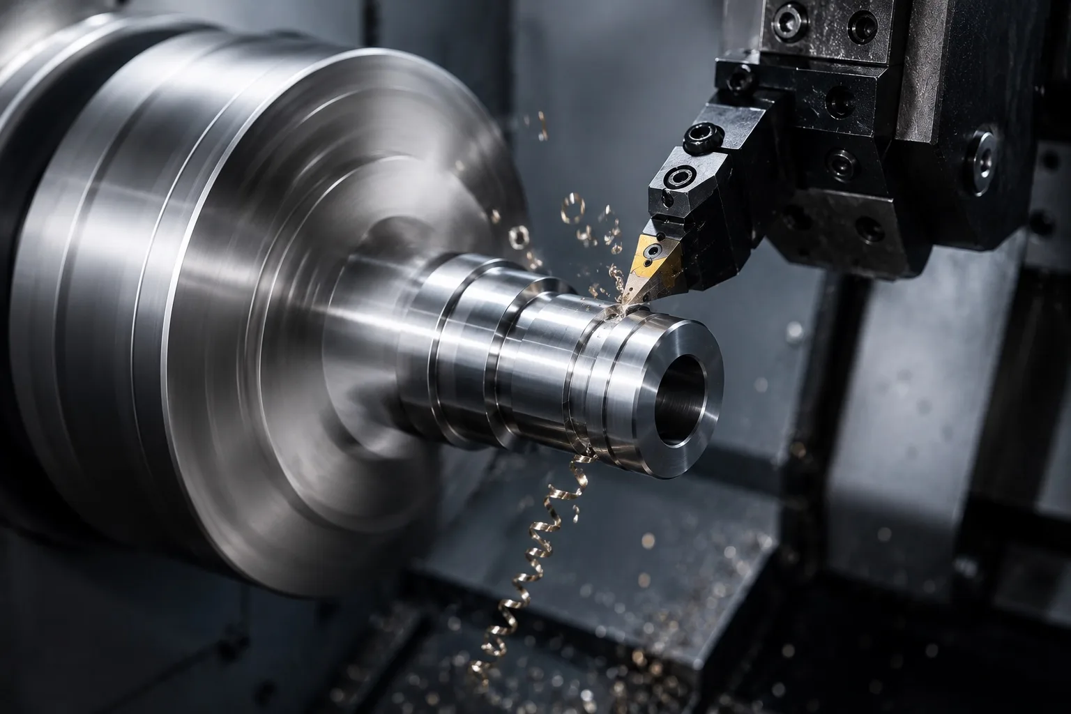 CNC lathe cutting a cylindrical metal component