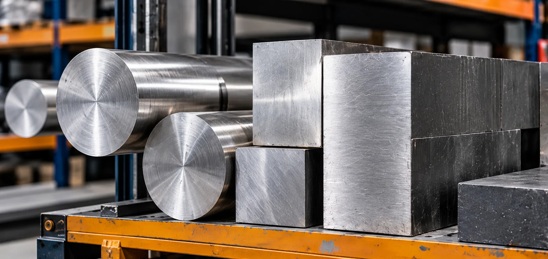 Round bar and square block metal stock on a shop rack