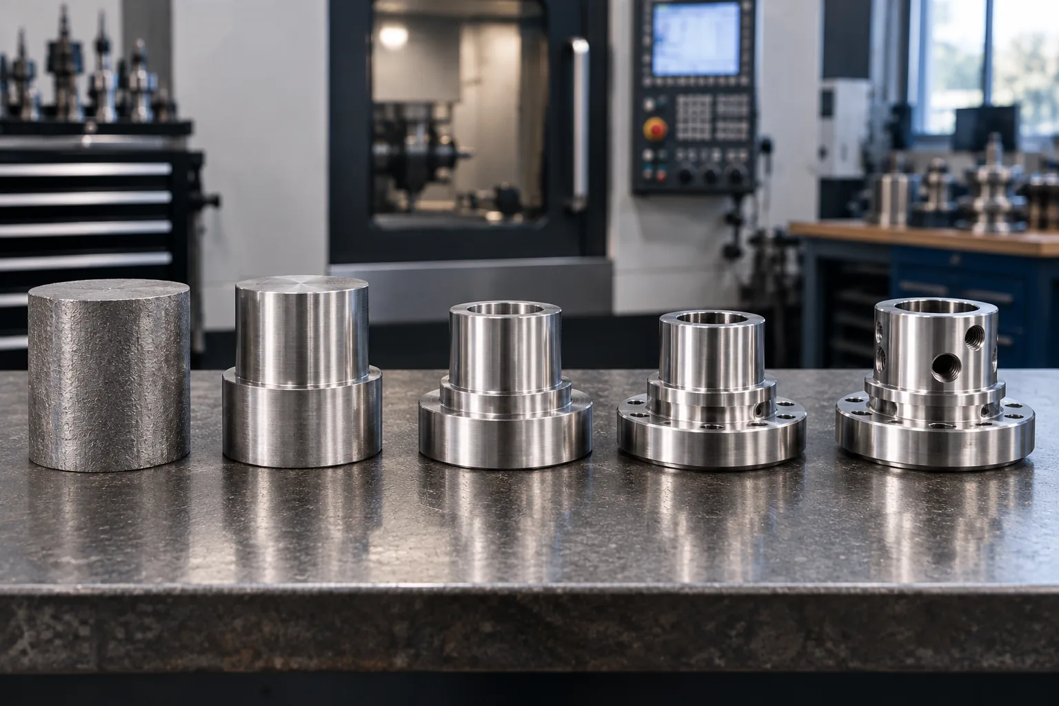 A machined part at five stages, from raw bar stock to a finished flanged component, lined up on a bench