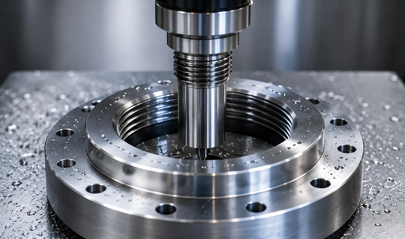 Thread milling tool cutting an internal thread in a machined metal component