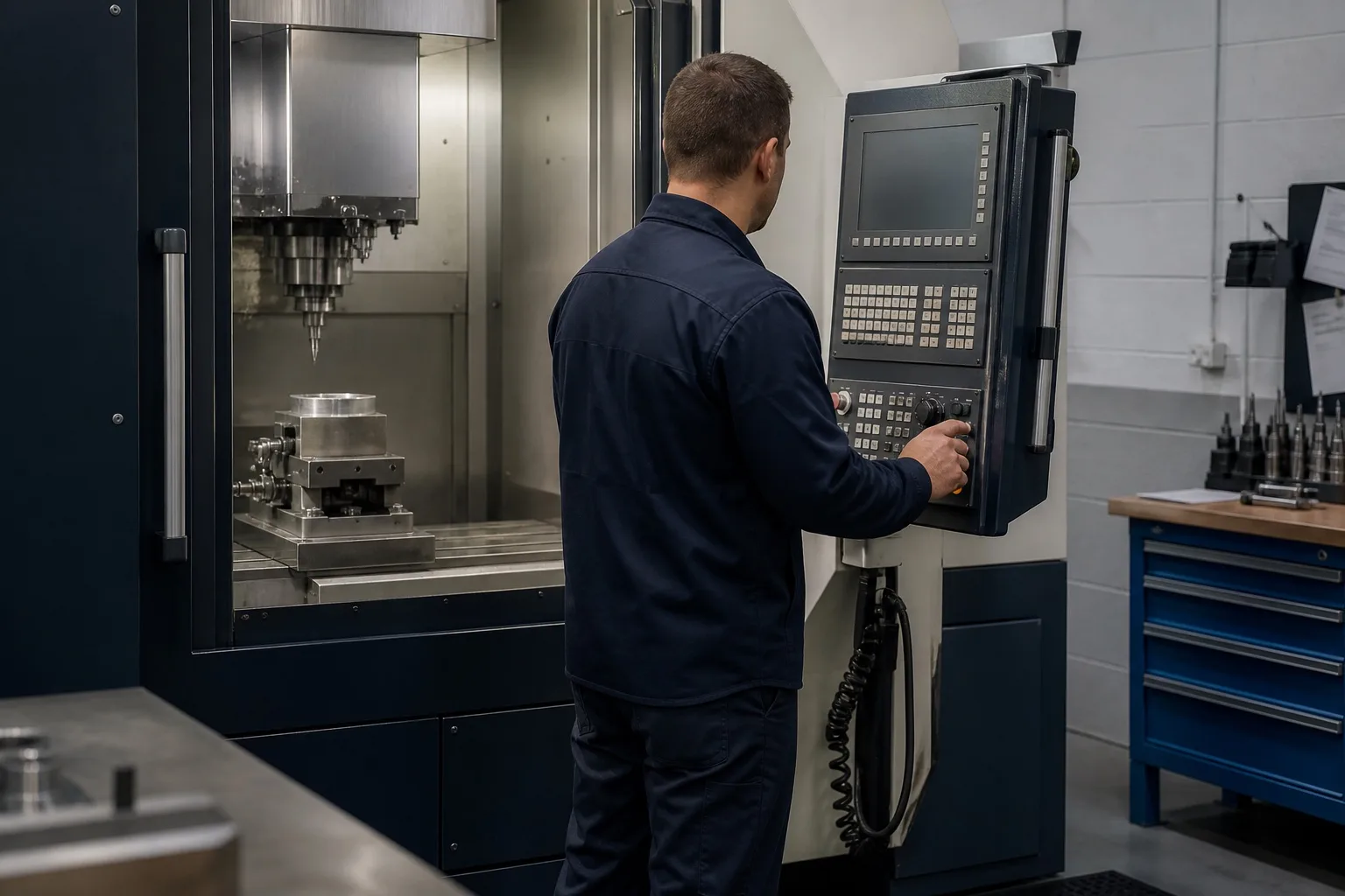 Machinist reviewing a CNC control beside a machining center