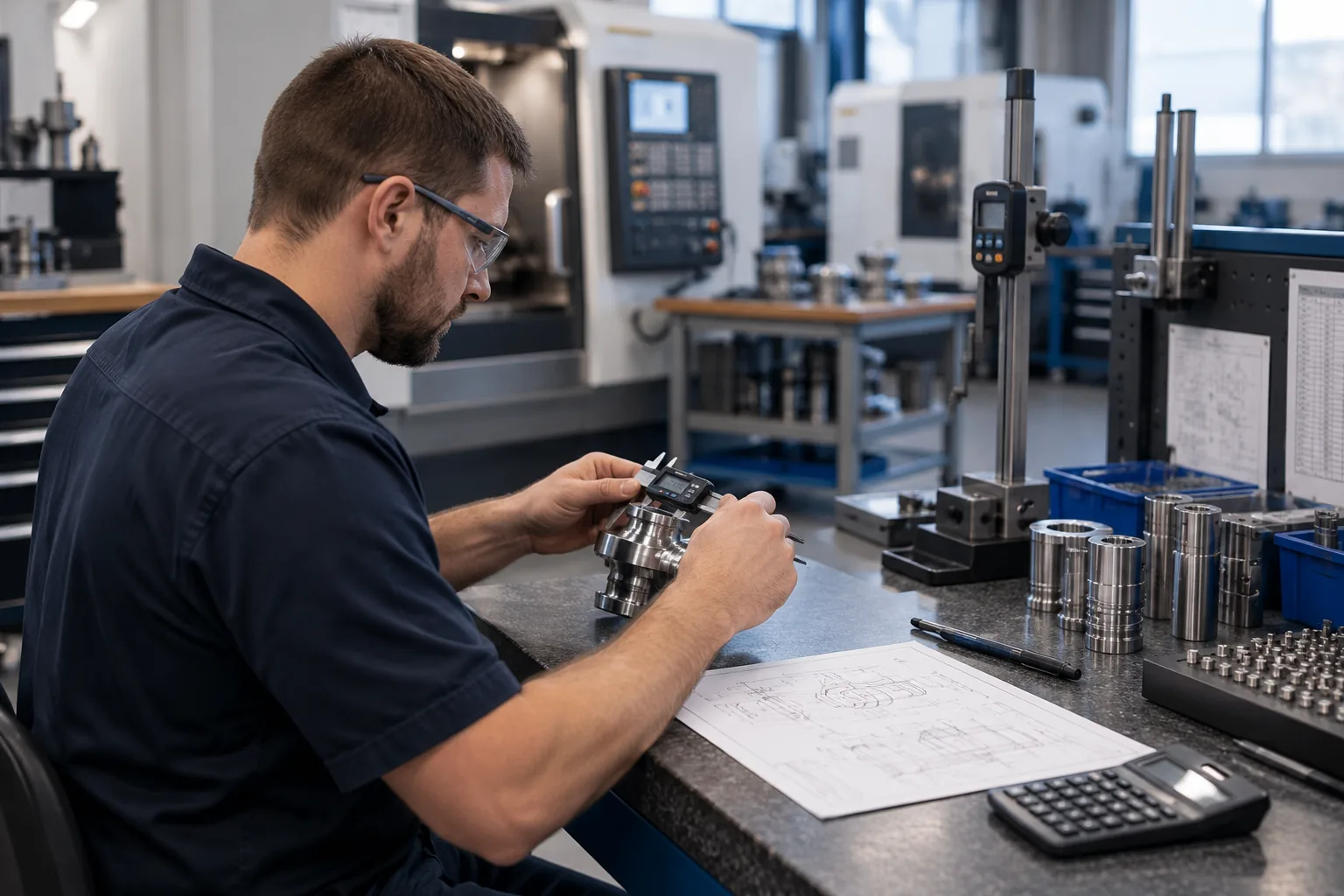 Inspector measuring a machined part with digital calipers at an inspection bench