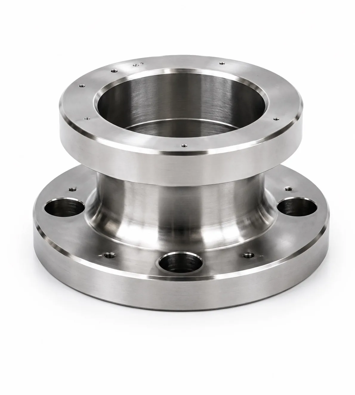 Flanged machined threaded component on a white surface