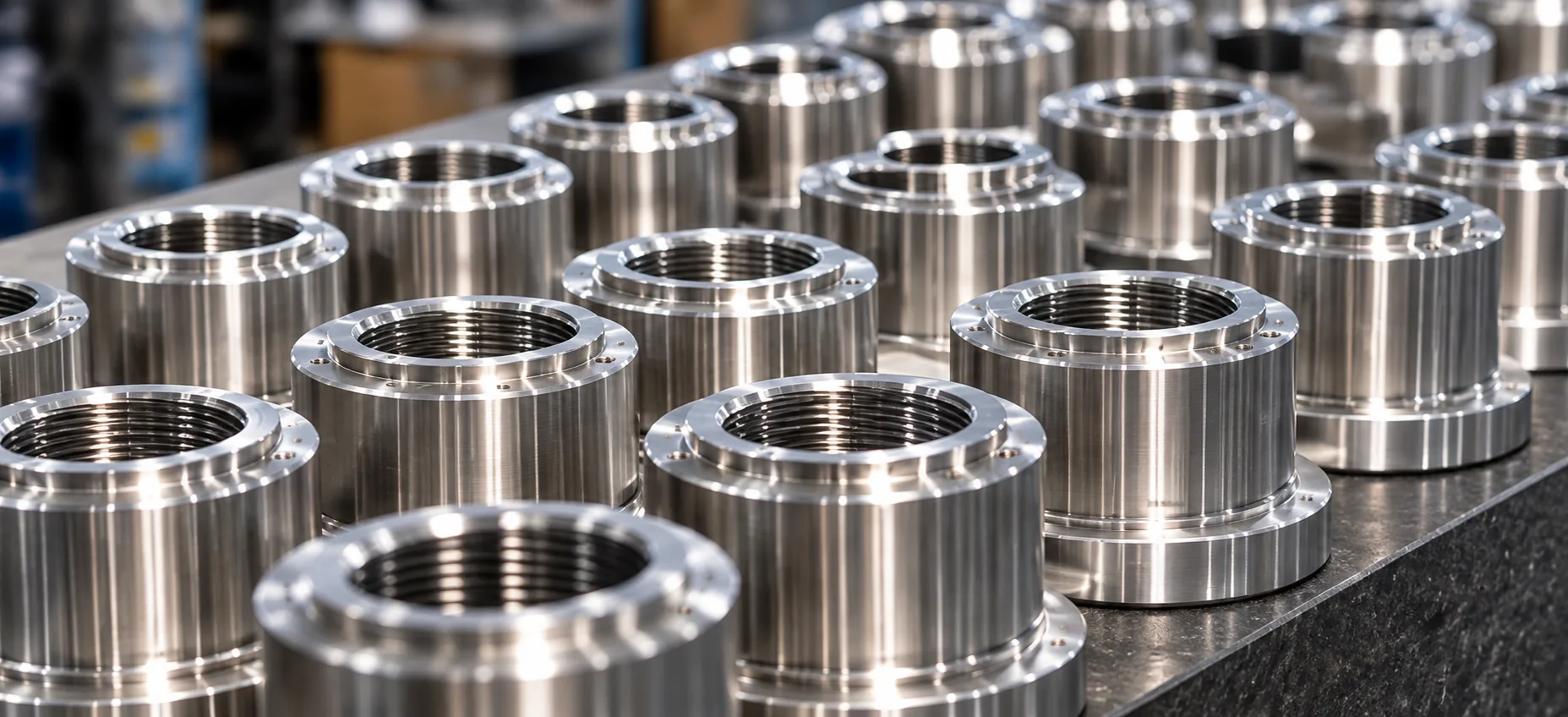 Rows of finished internally threaded machined parts on a granite table