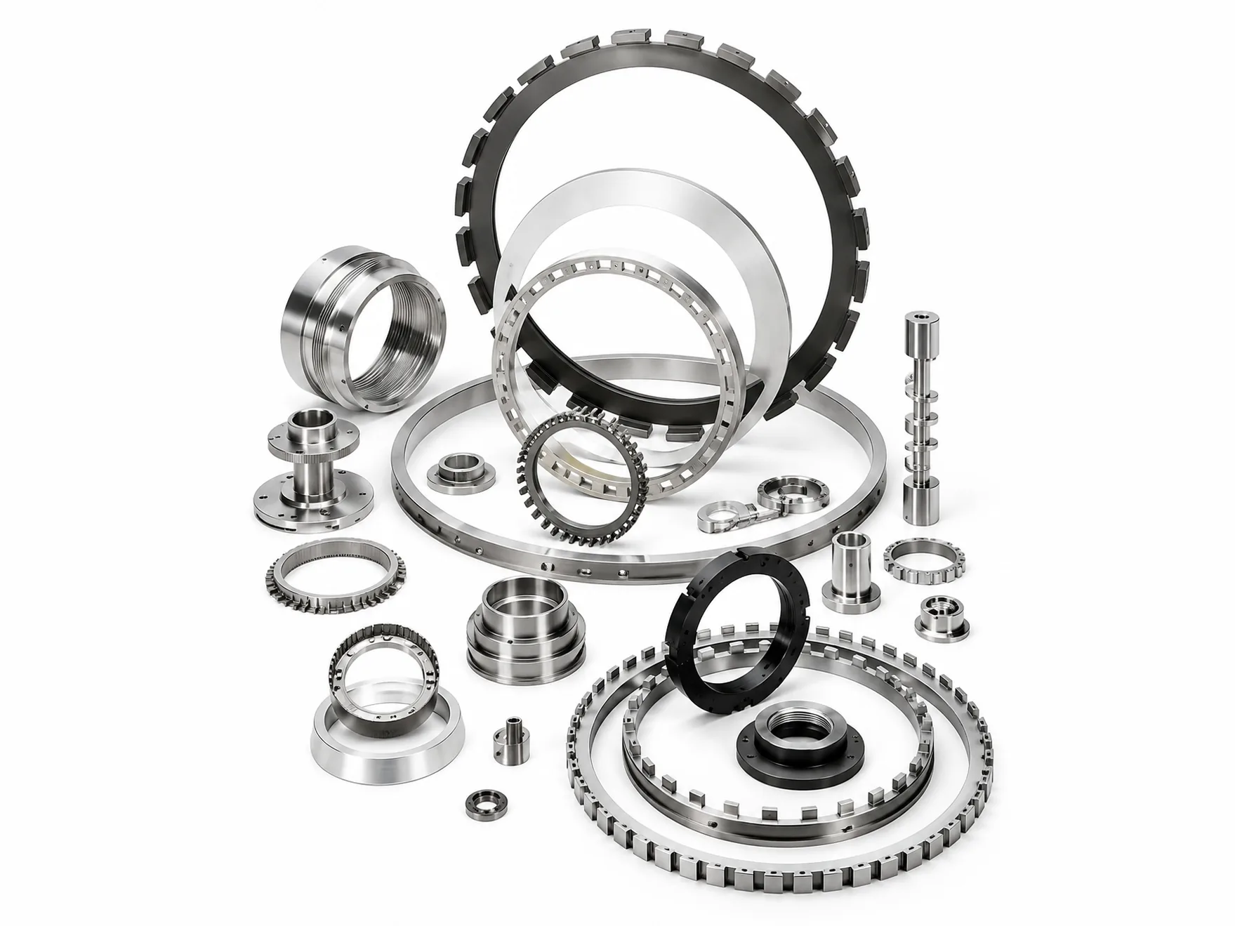 Assortment of machined rings, threaded components, and toothed parts arranged on a white surface