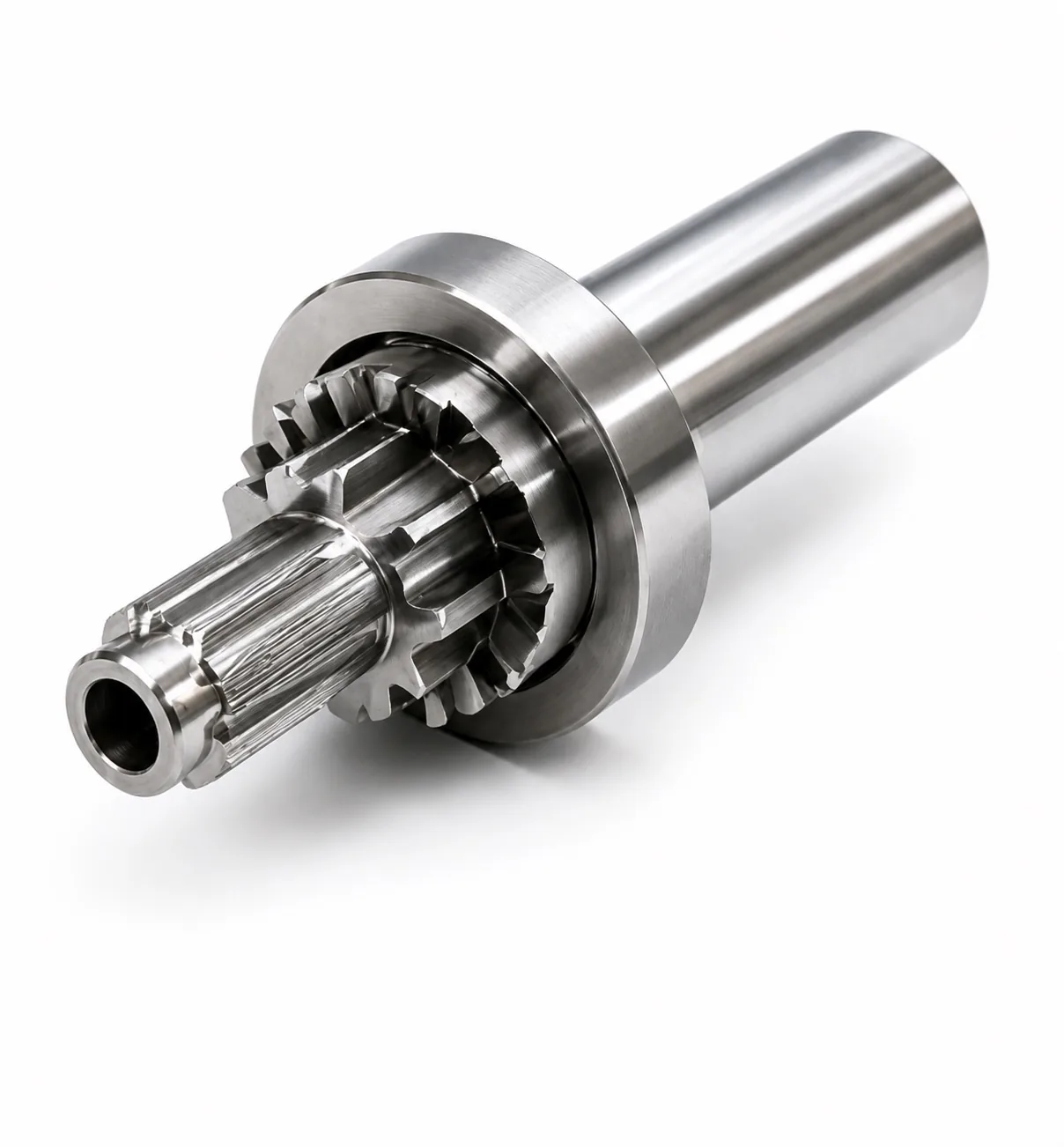 Splined machined shaft component on a white surface