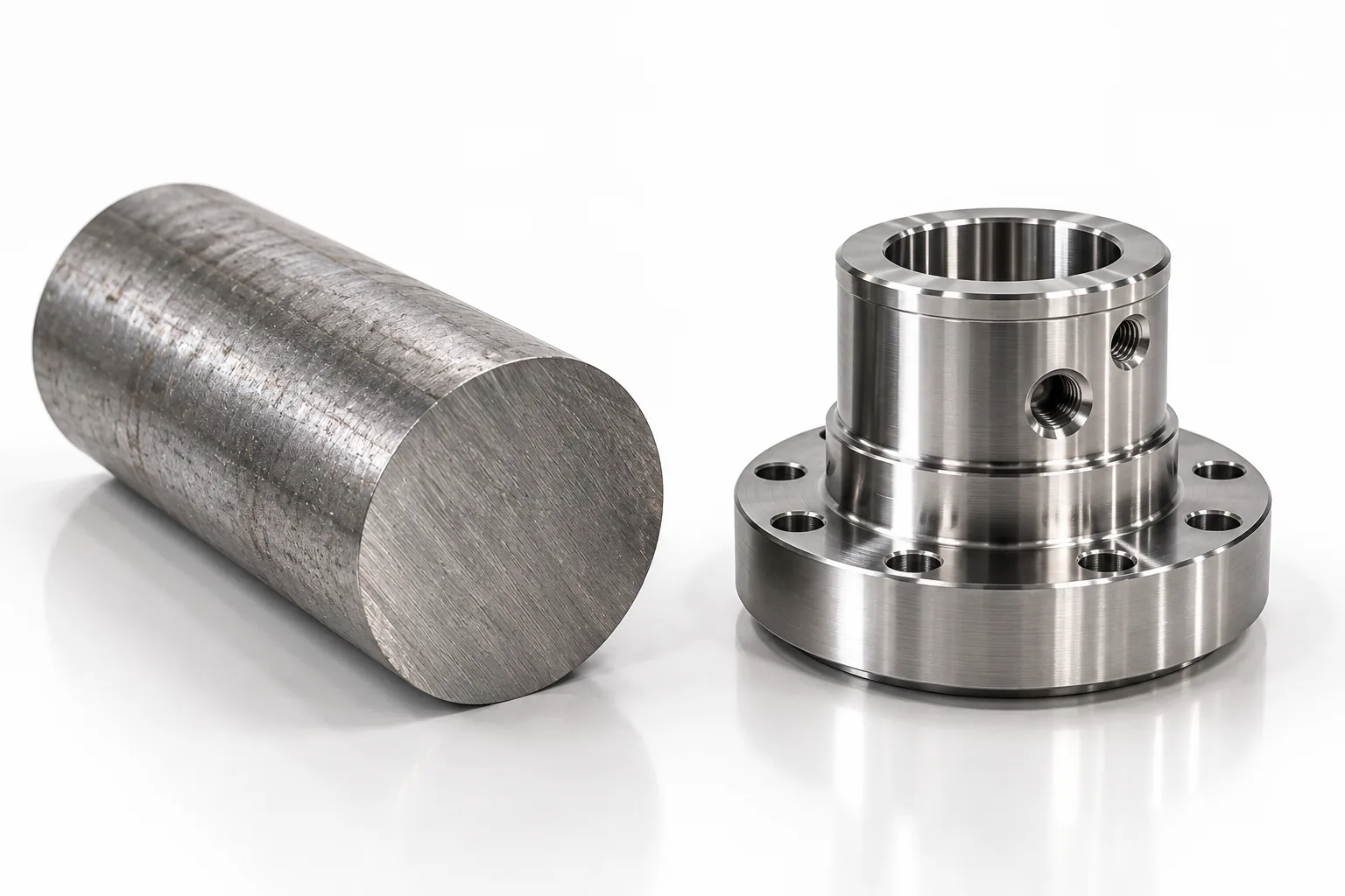 Raw bar stock beside the finished flanged part machined from it