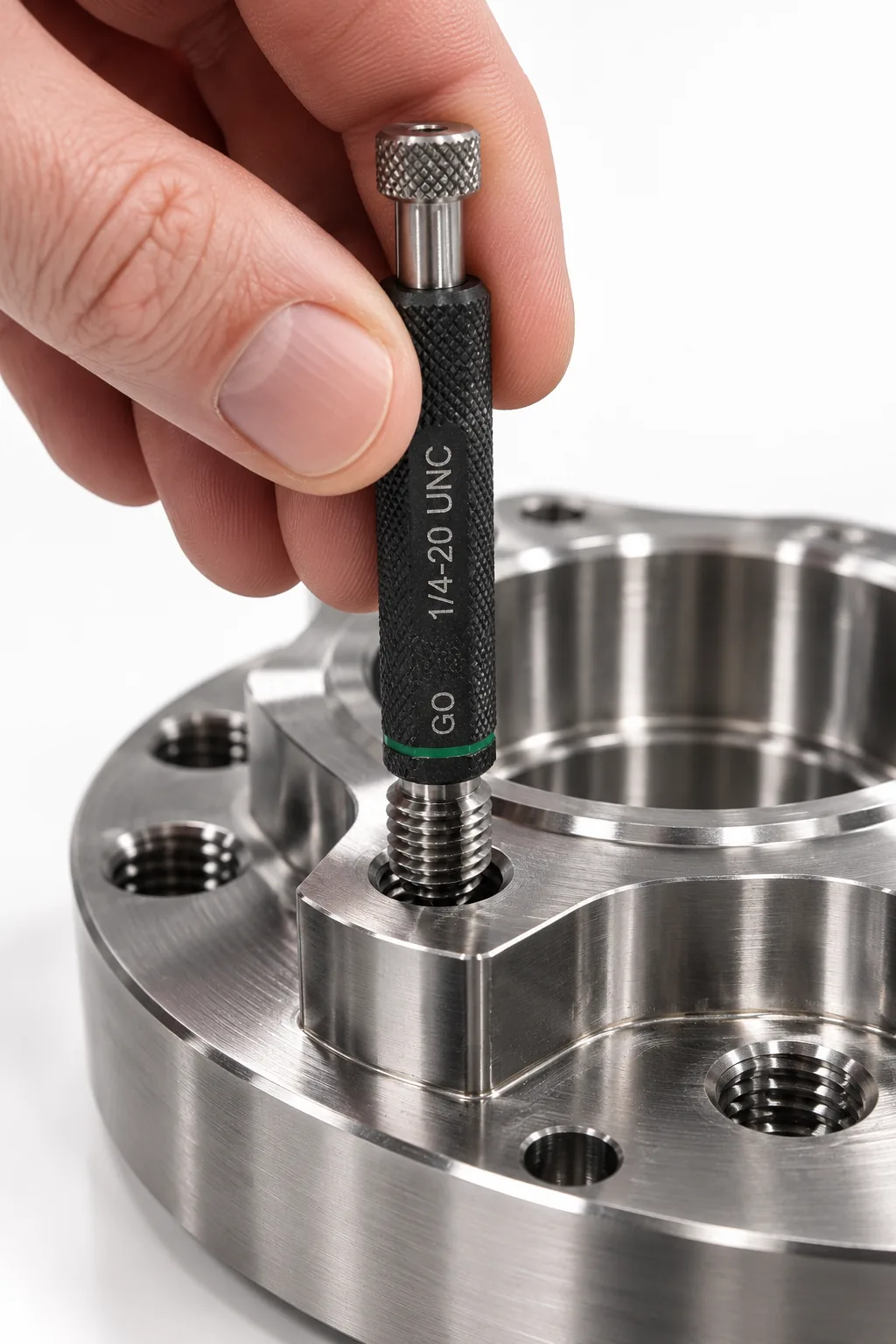 Thread plug gauge checking a tapped hole in a machined flange