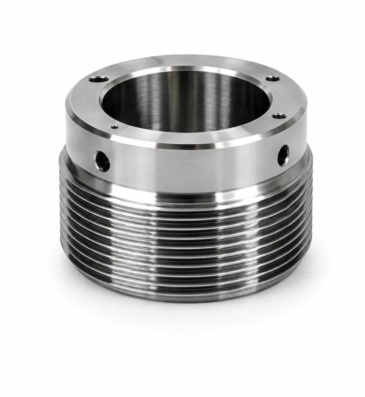 Externally threaded machined sleeve on a white surface