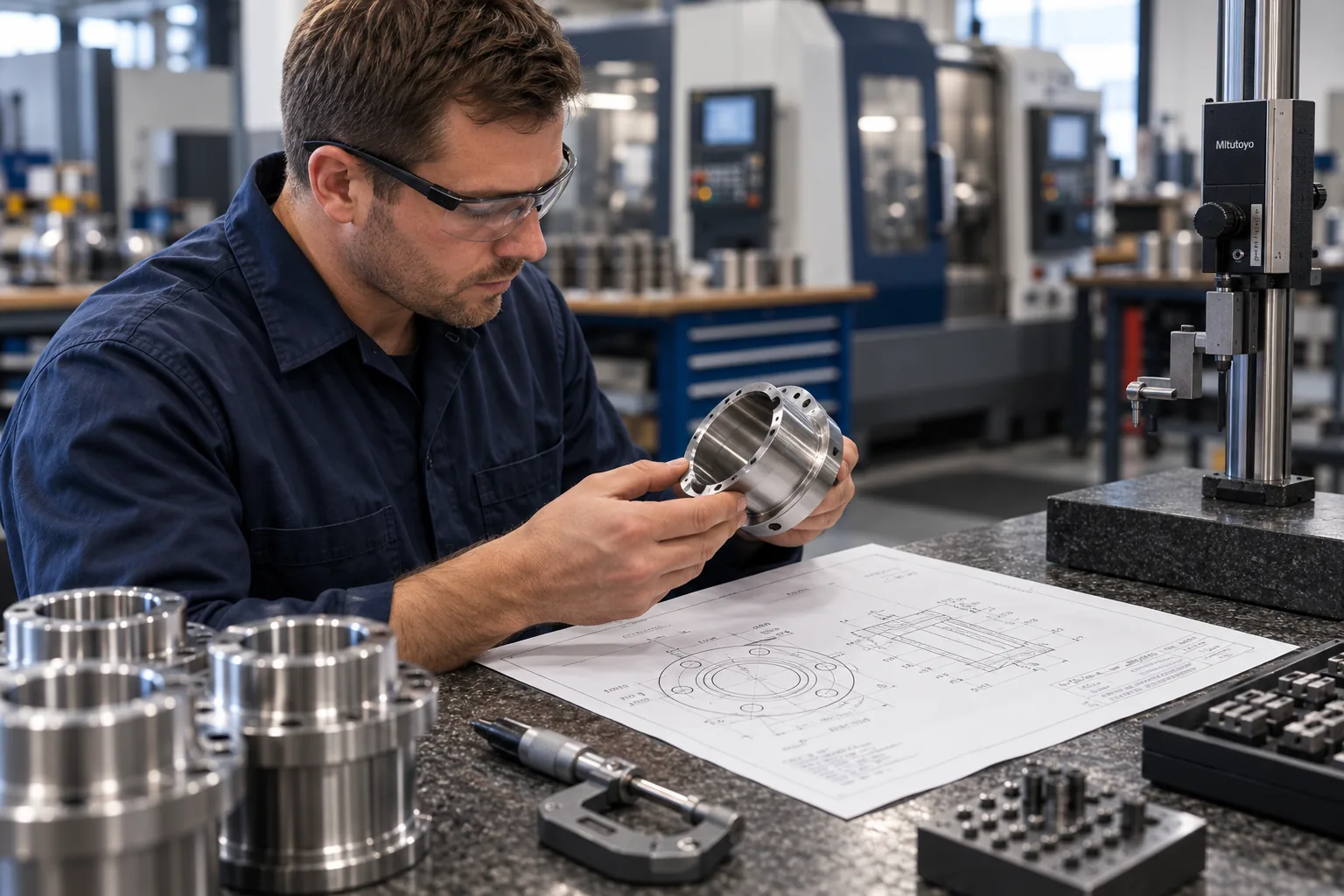 Machinist examining a finished part beside its engineering drawing at an inspection bench