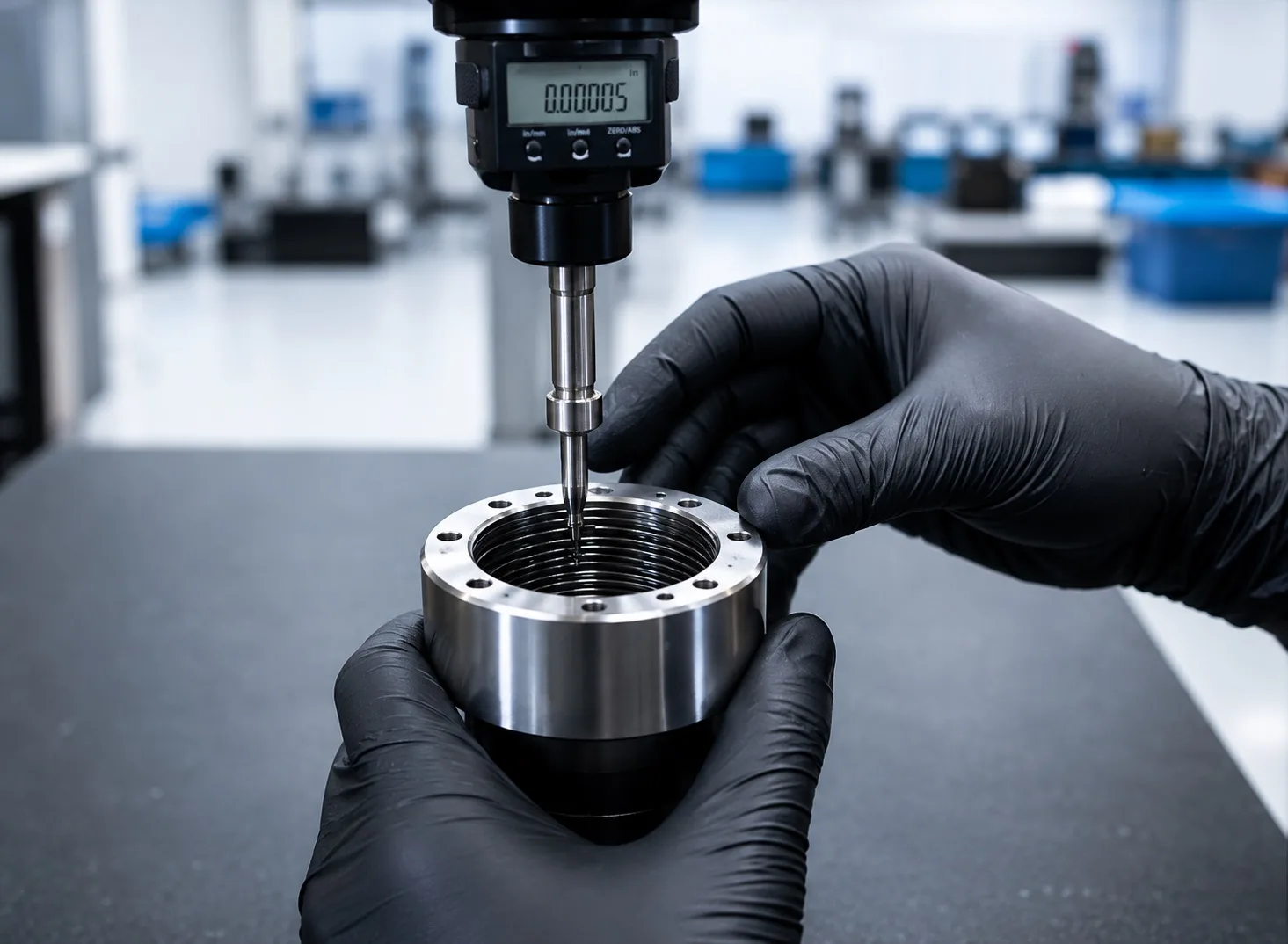 Gloved hands checking an internal thread with a digital indicator